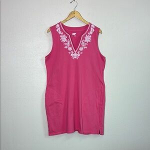 LANDS' END Women Large Pink Cotton Embroidered Sleeveless Swim Cover-up Dress